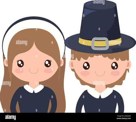 Couple Of Pilgrims Thanksgiving On White Background Vector