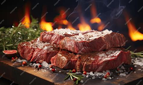 Premium Ai Image A Pile Of Steaks With A Fire Behind Them