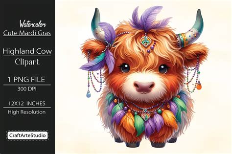 Cute Mardi Gras Highland Cow Sublimation Grafik Von CraftArteStudio