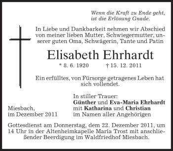 Traueranzeigen Von Elisabeth Ehrhardt Trauer Merkur De