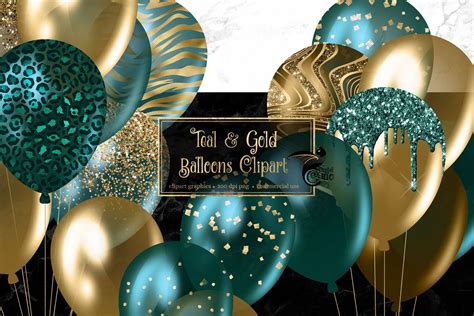 Teal And Gold Balloons Clipart Glitter Balloon Png Digital Etsy