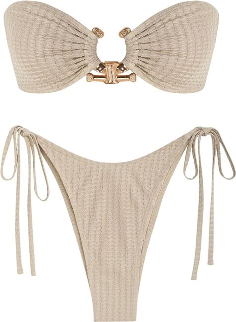 Amazon ZAFUL Metal Ring Bandeau Bikini Set Tie Side Bathing Suit