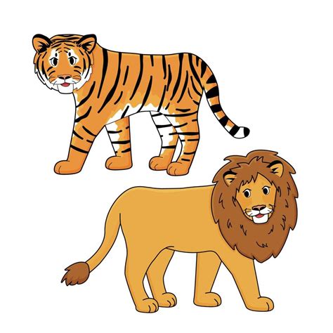 tigre e leão vector animais isolados desenho animado desenhado à mão