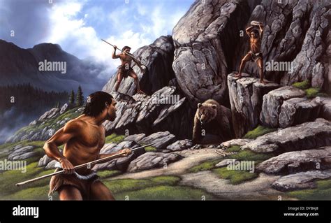 Neanderthals Hunt A Cave Bear Stock Photo 68476640 Alamy