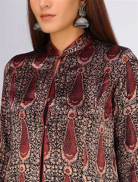 Buy Madder Black Ajrakh Printed Mandarin Collar Mashru Jacket By