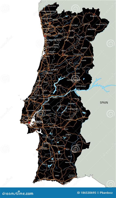 High Detailed Portugal Road Map With Labeling Stock Vector