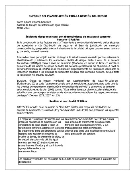 Informe Del Plan De Acci N Para La Gesti N Del Riesgo Informe Del