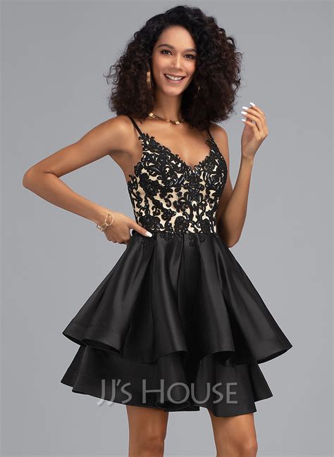 A Line V Neck Short Mini Satin Homecoming Dress With Sequins 022203129