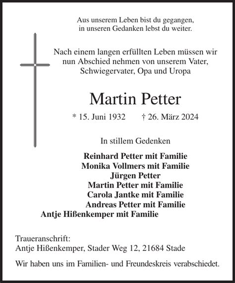 Martin Petter Traueranzeige Stader Tageblatt