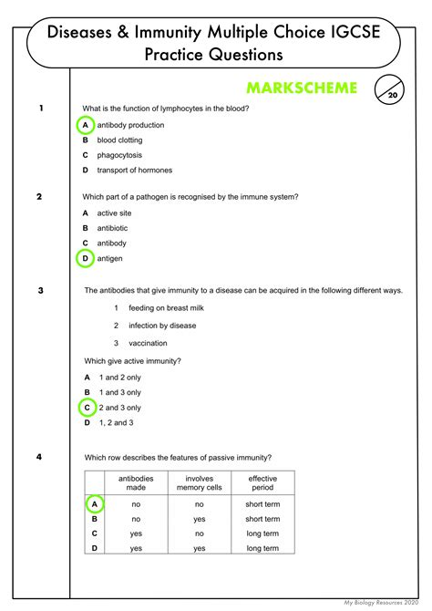 GCSE Biology Multiple Choice Topic Question Pack On Diseases