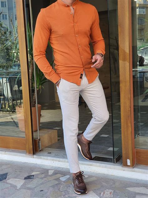 Brabion Aron Orange Slim Fit Long Sleeve Cotton Shirt Shirt Outfit Men Orange Dress Shirt