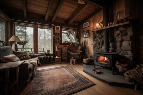 Premium Ai Image Cozy Cabin Retreat With Woodburning Fireplace And