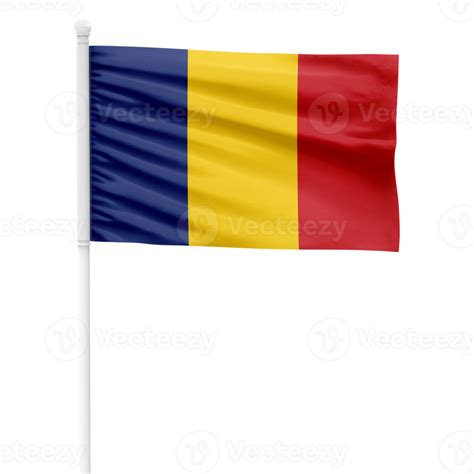 Realistic Romania Flag Waving On A White Metal Pole With Transparent