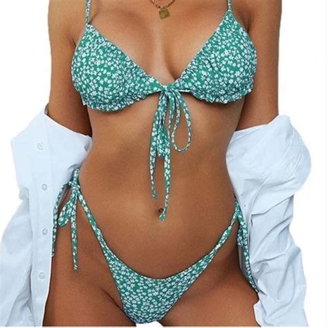 Zaful Swim Nwt Green Ditsy Floral Bikini Set Triangle Bikini Top