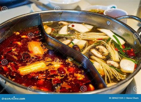 Close Up Of The Bottom Of Traditional Chinese Sichuan Hot Pot Two Flavors Stock Image Image