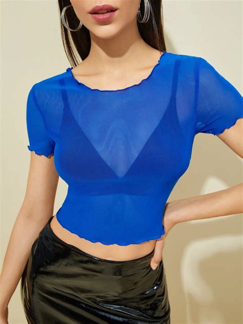 Shein Lettuce Trim Sheer Mesh Crop Top Without Bra Shein Usa Mesh