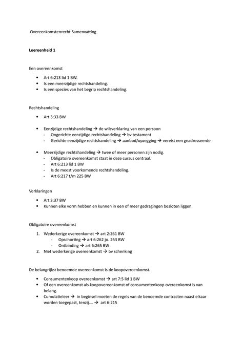 Overeenkomstenrecht Samenvatting Van De Leereenheden Open