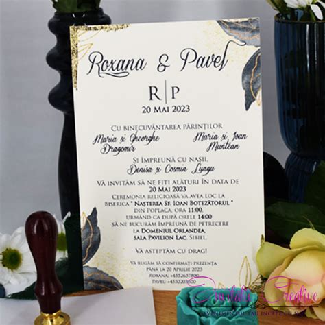 Invitatie De Nunta Eleganta Cu Sigiliu Design Frunze Si Foita Aurie