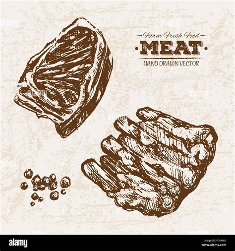 Hand Drawn Sketch Meat Products Set Farm Fresh Food Black And White