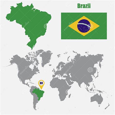 Mapa Del Brasil En Un Mapa Del Mundo Con El Indicador De La Bandera Y