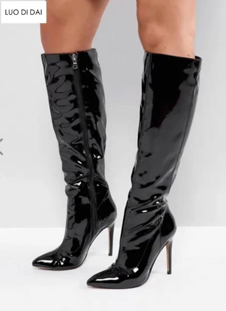 2018 Fashion Women Knee High Boots Patent Leather Boots Women Pointed