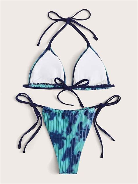 Emmiol Kostenloser Versand 2024 Batik Bikini Set Mit Nadelstreifen Blau