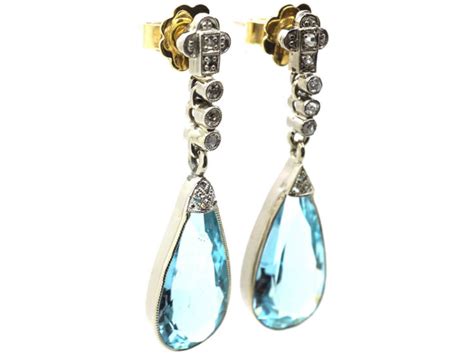 Edwardian Ct White Gold Aquamarine Diamond Drop Earrings M