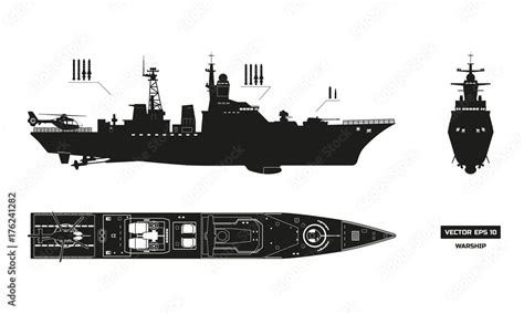 Detailed silhouette of military ship. Top, front and side view ...