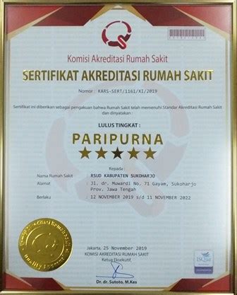 Izin Operasional Penghargaan RSUD Ir Soekarno Kab Sukoharjo