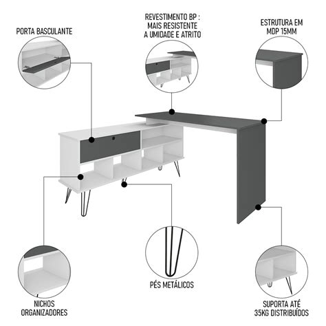 Mesa Escrivaninha Em L Estilo Industrial Dhabi A06 Branco Grafito