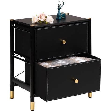 Commode Table De Chevet Noir Doré Tiroirs De Rangement En Tissu