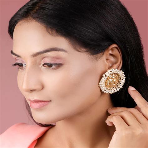 Priyaasi White Beads Gold Plated Temple Stud Earring Buy Priyaasi