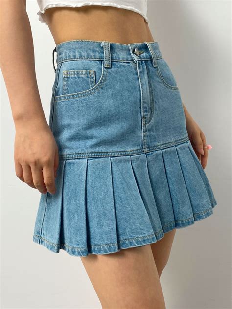 Emmiol Envío gratis 2024 Minifalda vaquera plisada desteñida Denim