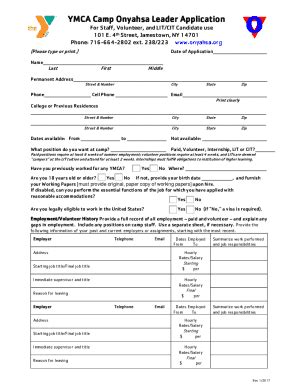 Fillable Online Ymca Camp Onyahsa Leader Application Fax Email Print