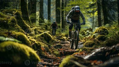 Mountain Bikers Cycling In The Forest Generative Ai Stock