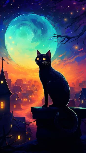 Espeluznante Gato Negro De Halloween En Un M Gico Pueblo