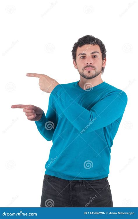 Guy In Blue Pointing To Somewhere Stock Photo Image Of Touch