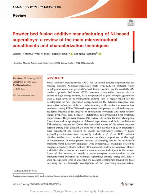 PDF Powder Bed Fusion Additive Manufacturing Of Ni Based Superalloys