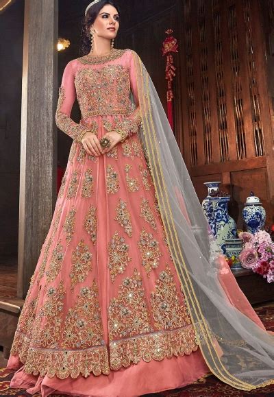 Pink Net Embroidered Lehenga Style Anarkali Suit A