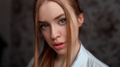 Women Face Redhead Green Eyes Portrait White Shirt Depth Of Field