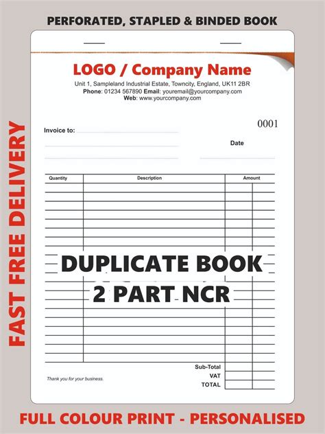 A5 Invoice Book Personalised Duplicate 50 Set Ncr Pad Print Invoice