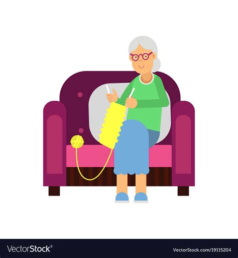 Grandmother Sitting In A Cozy Armchair Knitting Vector Image