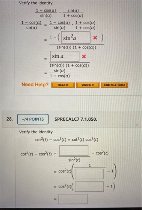 Solved Verify The Identity Cos A Sin A Sin A Chegg