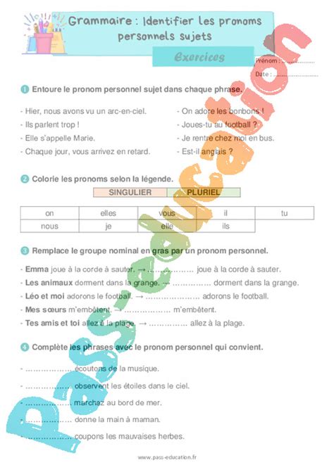 Identifier Les Pronoms Personnels Sujets Exercices De Grammaire Pour