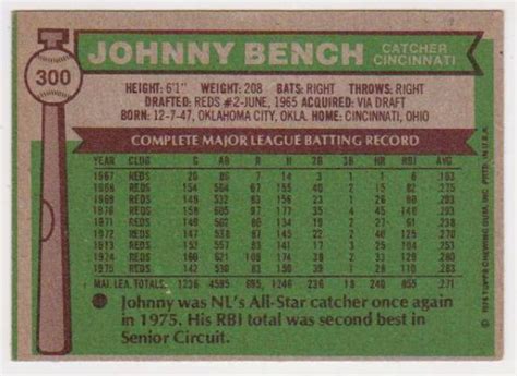 Topps Johnny Bench Card Hof Er Property Room