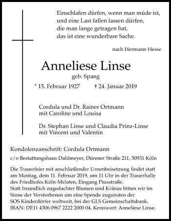 Traueranzeigen Von Anneliese Linse WirTrauern