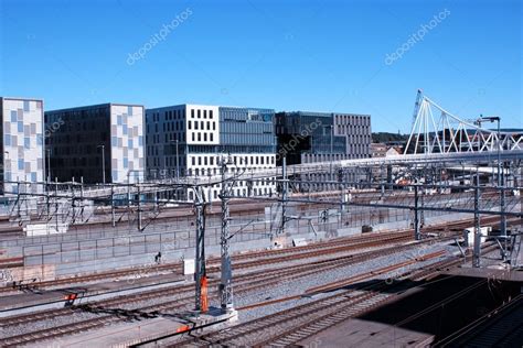 Oslo view with train station and modern buildings. They are some ...