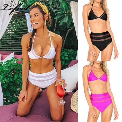 Lefeel Solid Swimsuit Top Halter Bikini alta cintura traje de baño