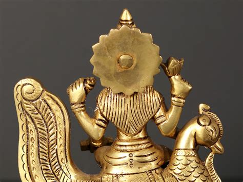 5 Small Goddess Gayatri Statue In Brass Seated On Swan Exotic India Art