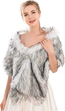 Aukmla Womens Long Wedding Faux Fur Wraps Shawls Bridal Stole Brides